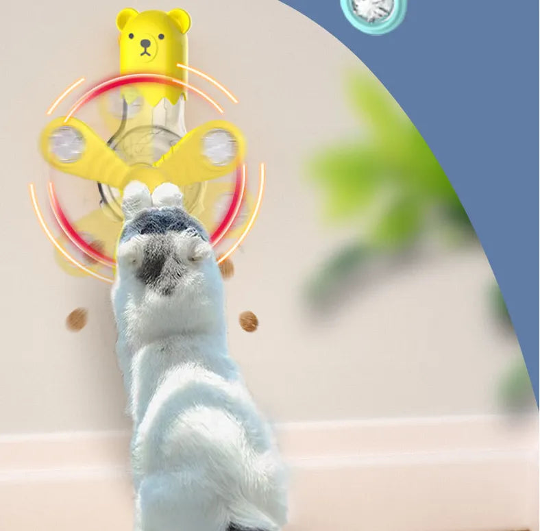 Yellow bear interactive pet feeder toy, dispenses treats for cats and dogs during play