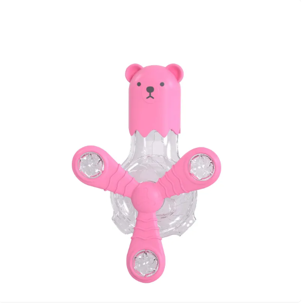 Close-up of interactive bear pet toy, showing food dispensing mechanism for cats and dogs