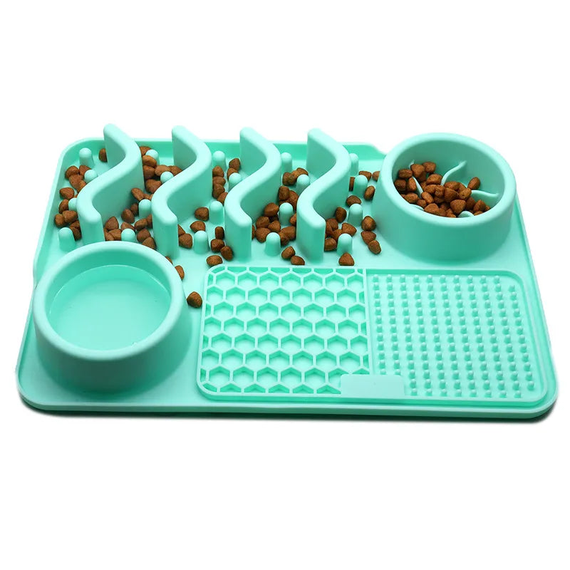 Green silicone pet lick mat, a slow feeder & anxiety reducer for dog and cat enrichment.