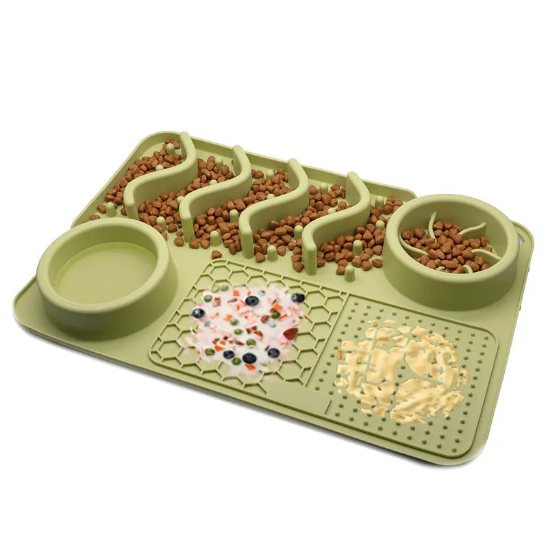 A purple pet lick mat, a durable slow feeder and puzzle toy for cat & dog enrichment.