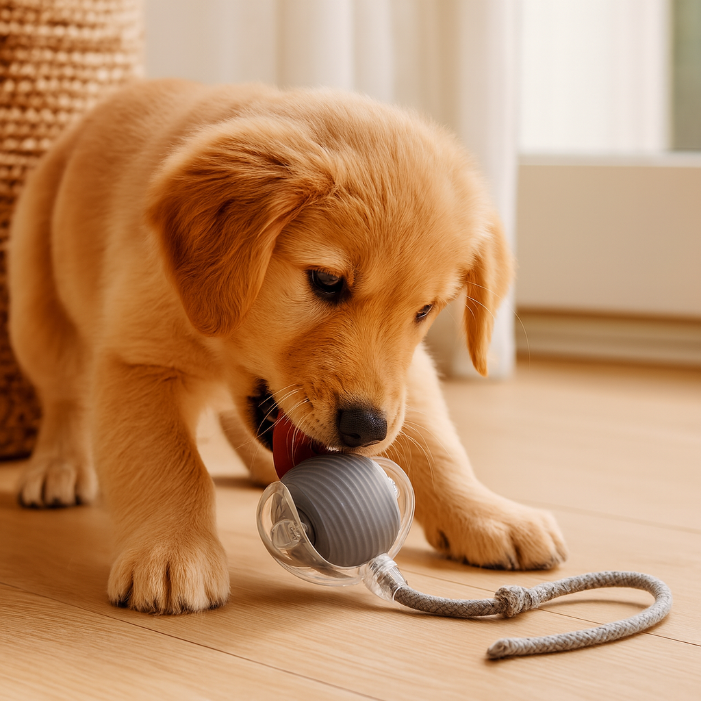 Yellow dog play ball with sturdy blue tail, an interactive pet toy for active dogs