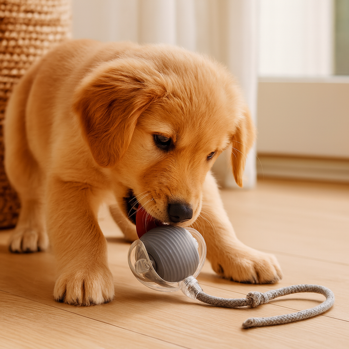 Yellow dog play ball with sturdy blue tail, an interactive pet toy for active dogs