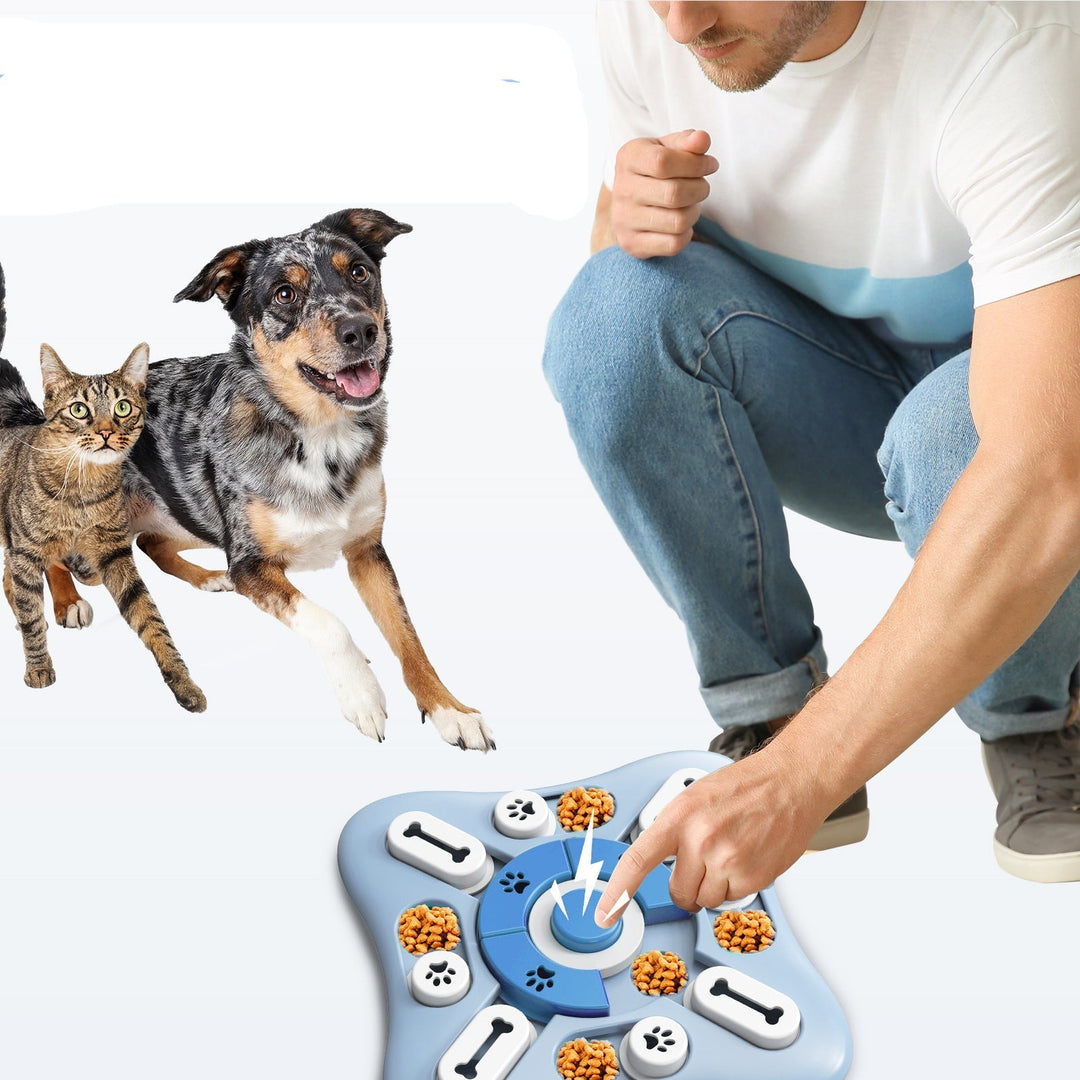 Smart pet toy: interactive puzzle feeder promoting slow eating for dogs & cats.