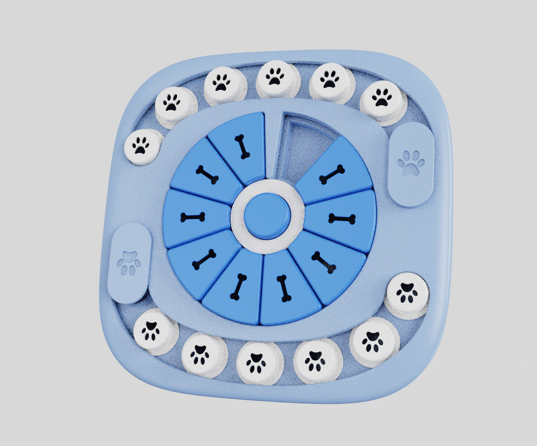 Close-up of interactive pet puzzle feeder, showcasing intricate design for mental stimulation.