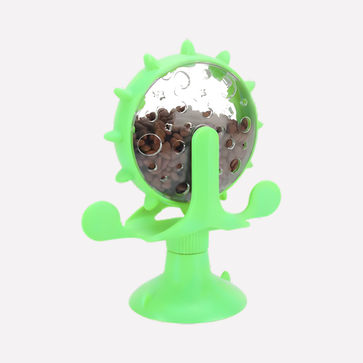 Slow feeder windmill toy for pets, an interactive enrichment solution for dogs and cats to prevent fast eating.