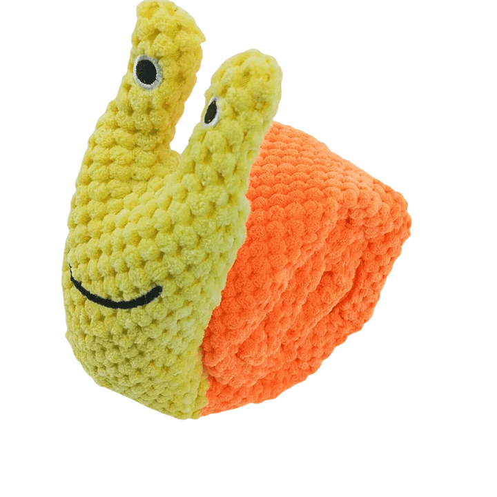 Durable pet snail puzzle toy with hidden compartments, perfect interactive chew toy for dog enrichment.