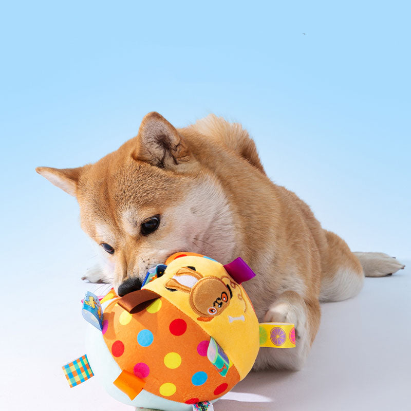 Interactive pet squeaky ball toy for dogs, plush with cute animal embroidery, durable puppy chew.