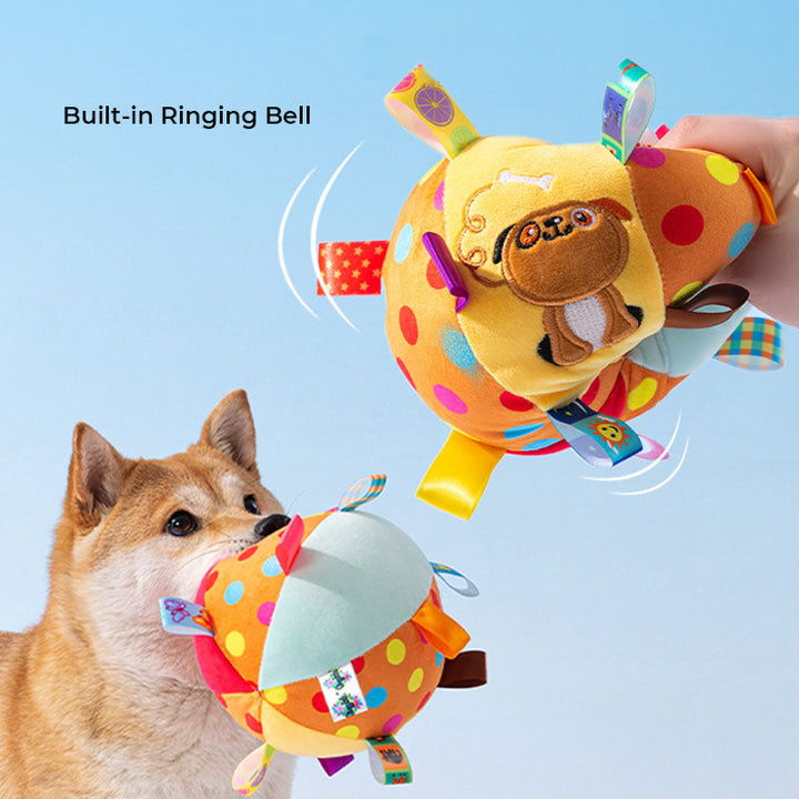 Set of vibrant interactive pet squeaky ball toys, various animal embroidery designs for engaging play.