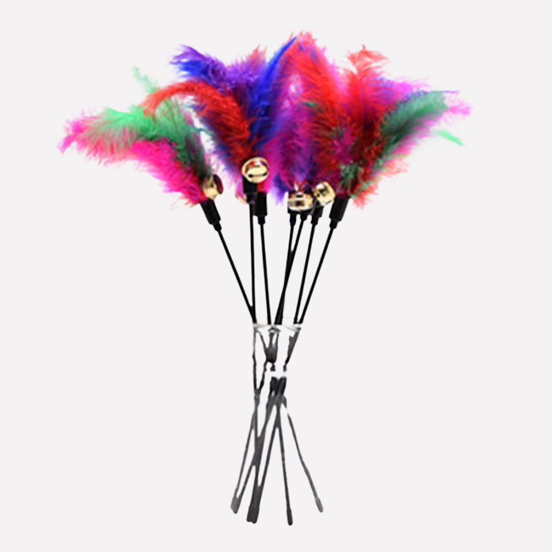 Interactive pet teaser wand for cats & kittens with colorful feathers, bell, promoting playtime & exercise