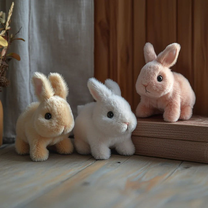 Lifelike animated plush bunny toy, a fun interactive animal for children's playtime.