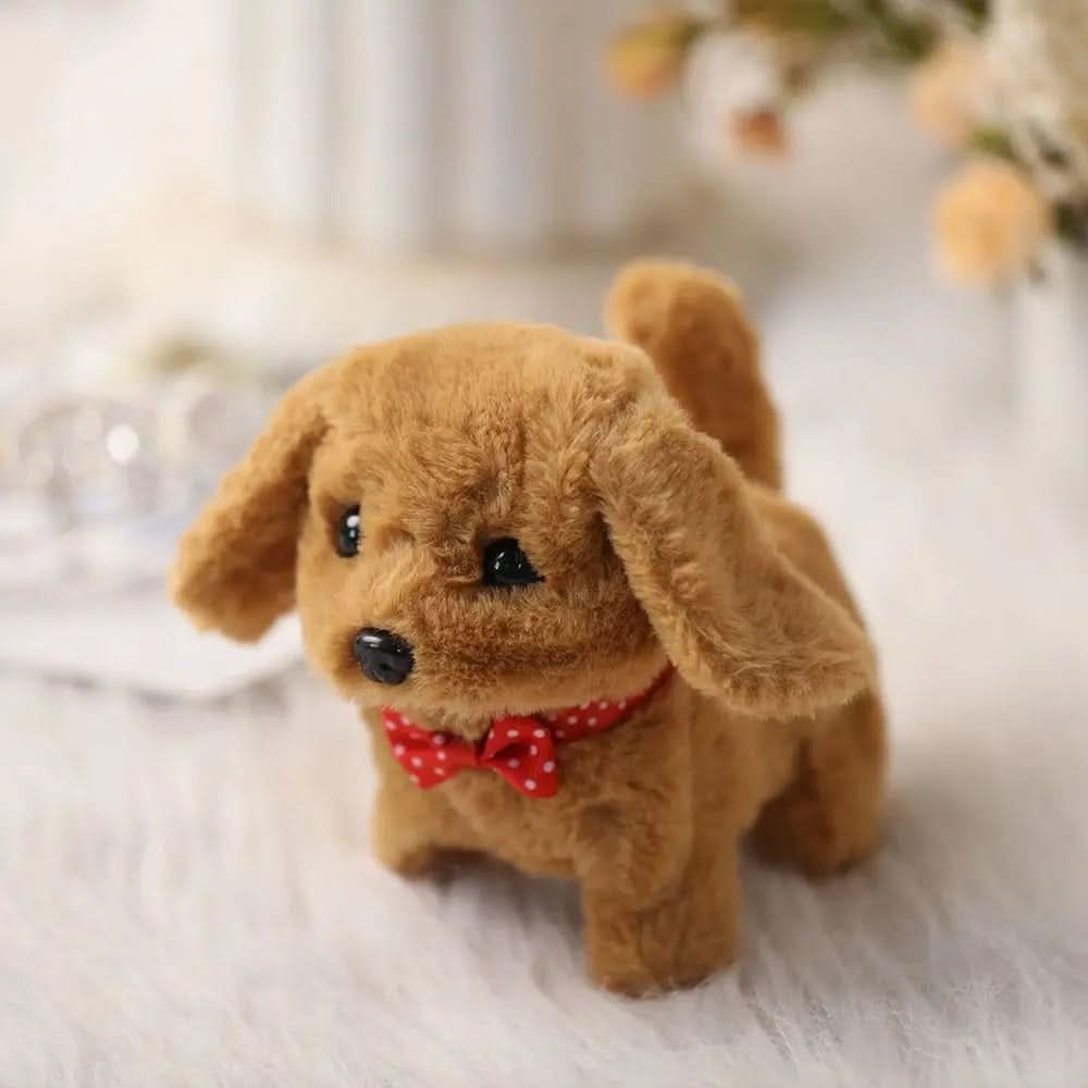Interactive plush dog toy for kids, movable, encouraging imaginative play.
