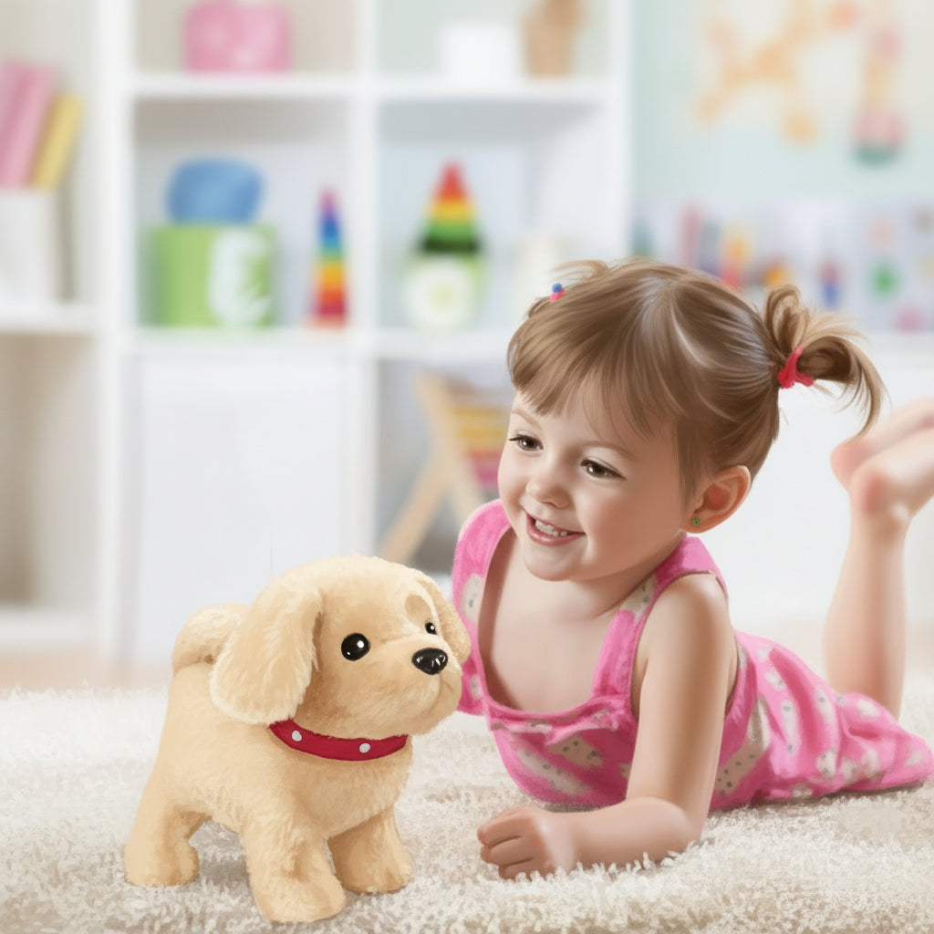 Movable plush dog toy for kids' imaginative role play, soft & interactive fun.