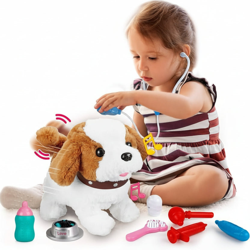 Adorable plush dog toy animal, movable & interactive, perfect for kids' imaginative fun.