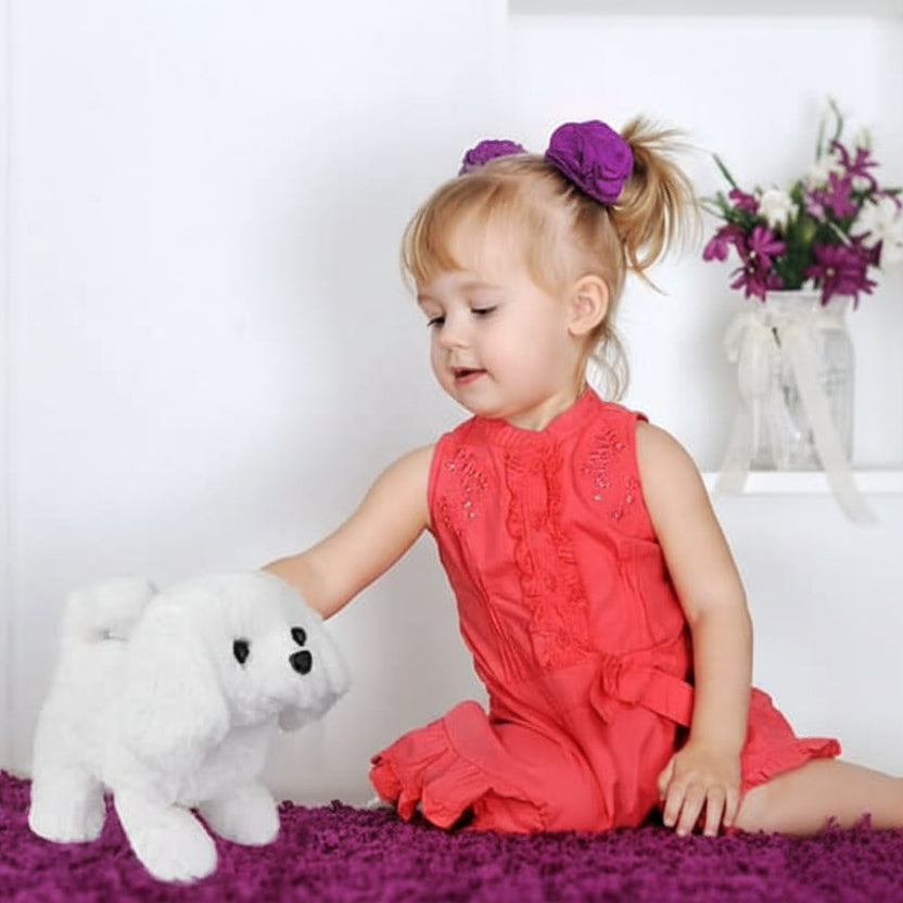 Soft, movable plush dog toy, interactive pet for kids, sparks imaginative children's play.