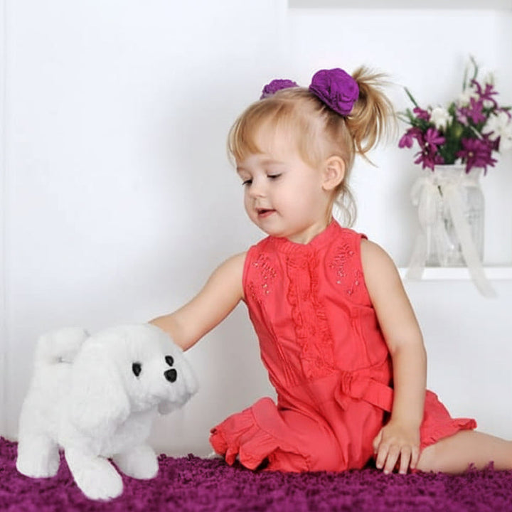Soft, movable plush dog toy, interactive pet for kids, sparks imaginative children's play.