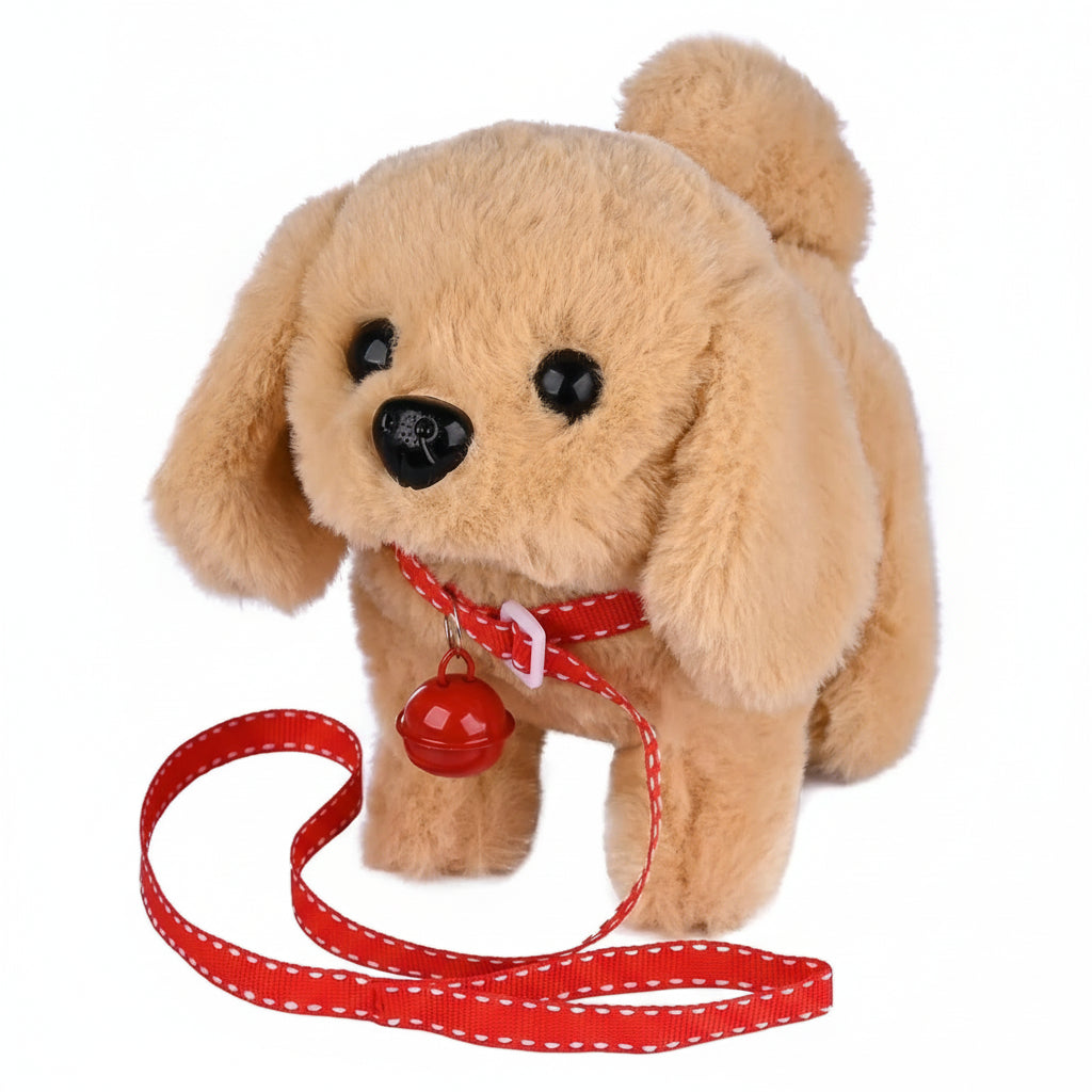 Playful interactive movable plush dog toy, soft pet for children's imaginative adventures.
