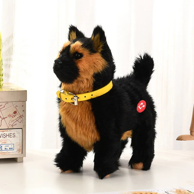Close-up of a cuddly plush robot puppy, an interactive electronic pet with sound and touch