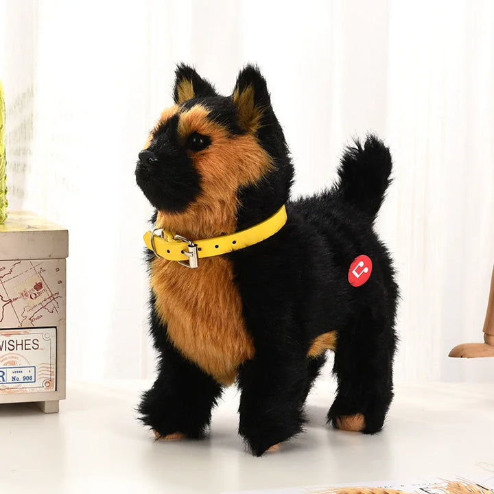 Close-up of a cuddly plush robot puppy, an interactive electronic pet with sound and touch