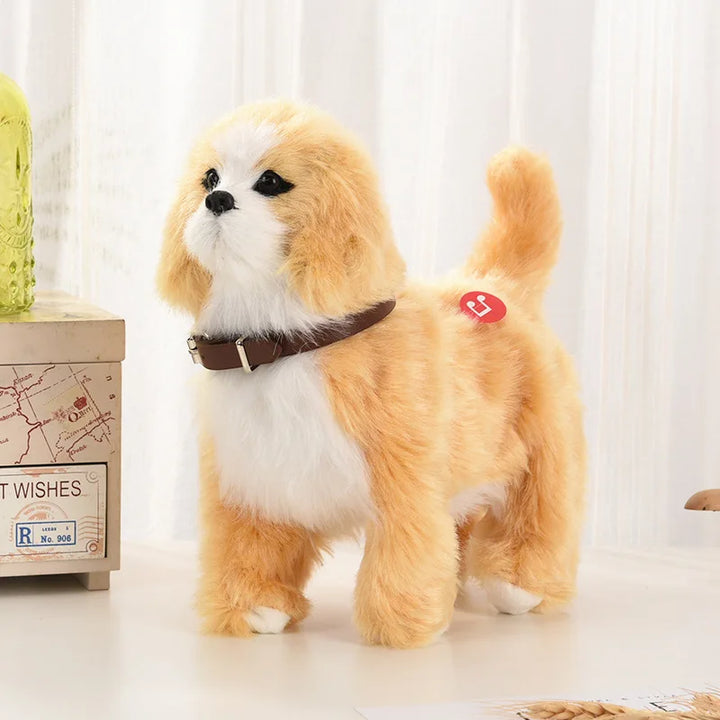Child playing with a walking robotic dog toy, featuring sound and touch control for engagement