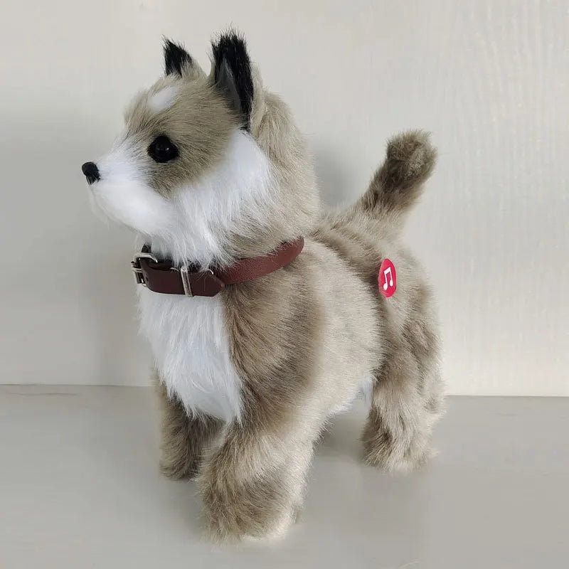Full view of a brown plush robotic puppy, an interactive walking toy with sound activation