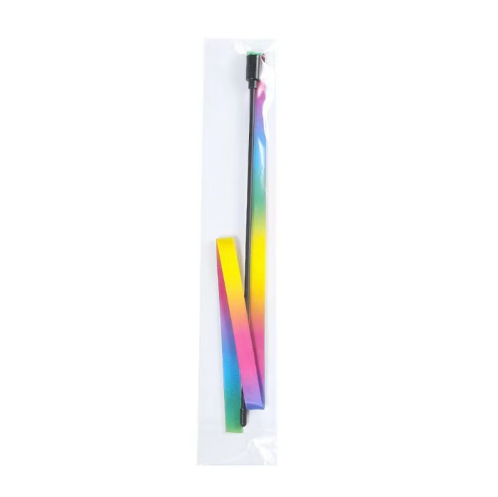 Close-up of a vibrant rainbow cat play wand, featuring soft streamers and an ergonomic grip for interactive fun.