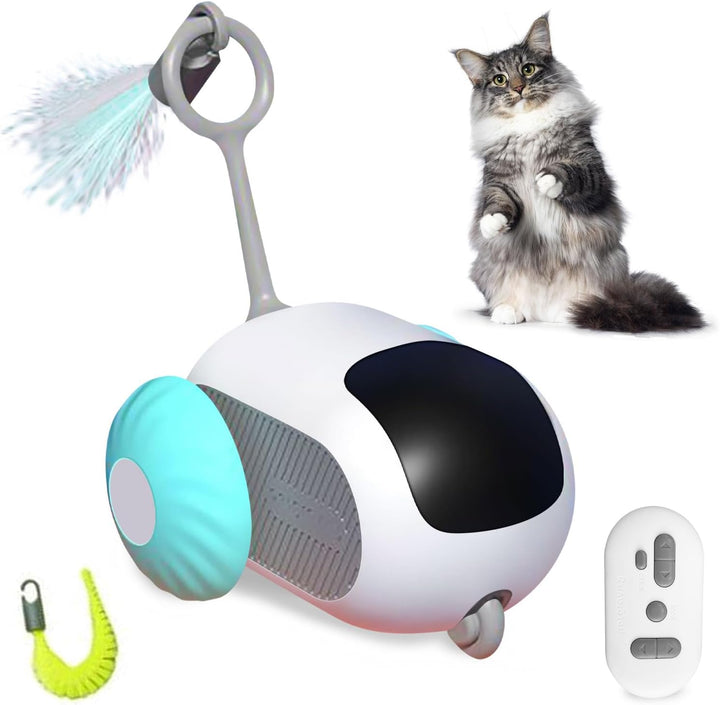 Interactive remote control cat toy, dark color, with a red laser dot on a light floor, for feline activity.
