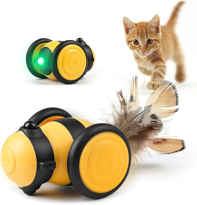 Interactive remote control cat toy with LED light and fluttering feather, engaging feline enrichment