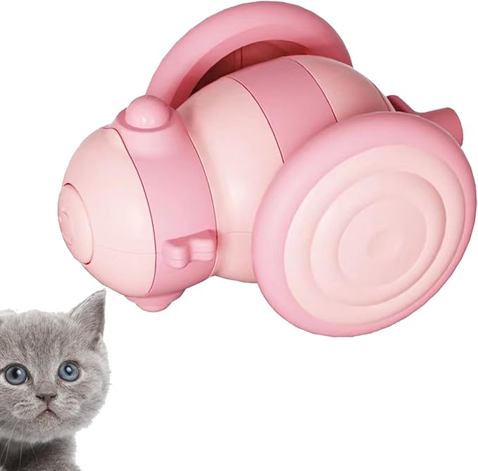Cat playing with an interactive remote control toy, chasing its LED light and attached feather
