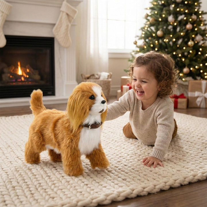 Interactive robot dog toy for kids with blue accents, walking and barking, fostering imaginative play.