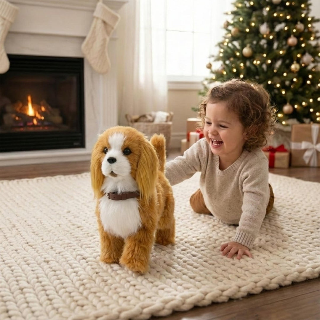Robotic toy puppy walking on a carpet, an engaging and educational gift for young children.