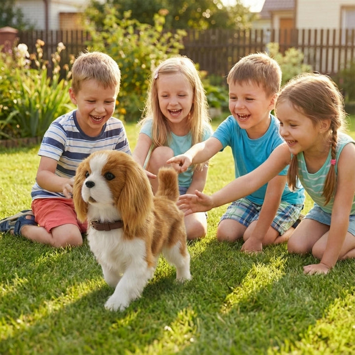 Child happily playing with an interactive robot dog toy, a fun companion for imaginative adventures.