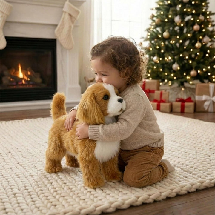 Durable robotic dog toy designed for children, offering interactive features like walking, barking, & tail wagging.