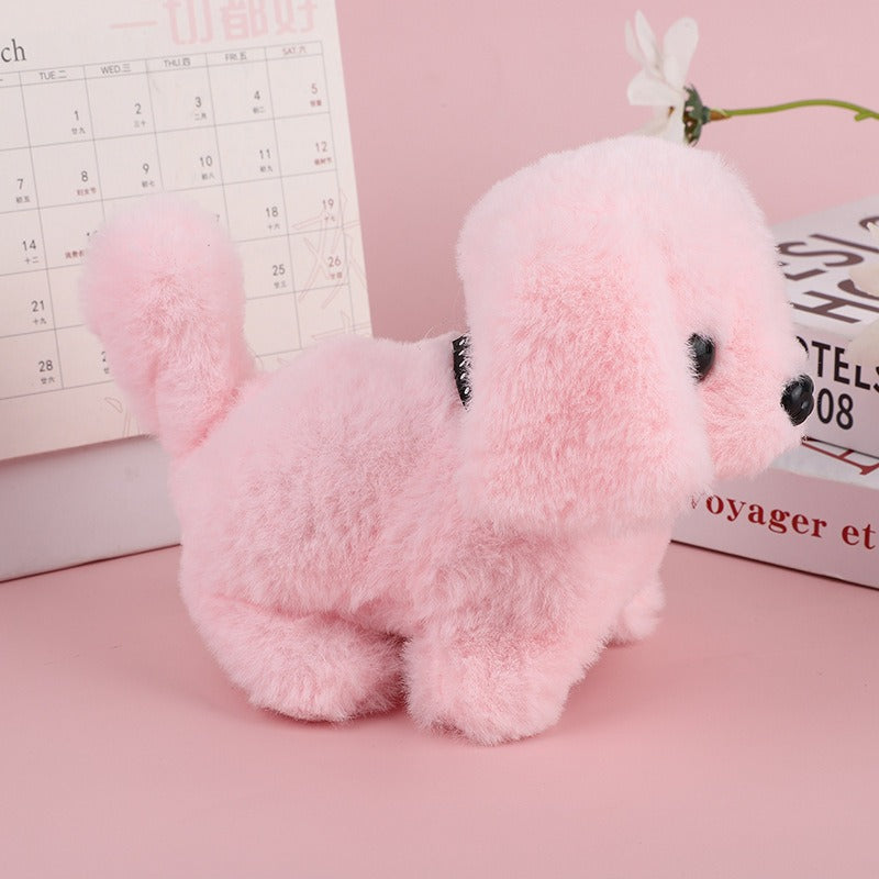 Voice activated robot puppy toy on a rug, showcasing its realistic movements for children