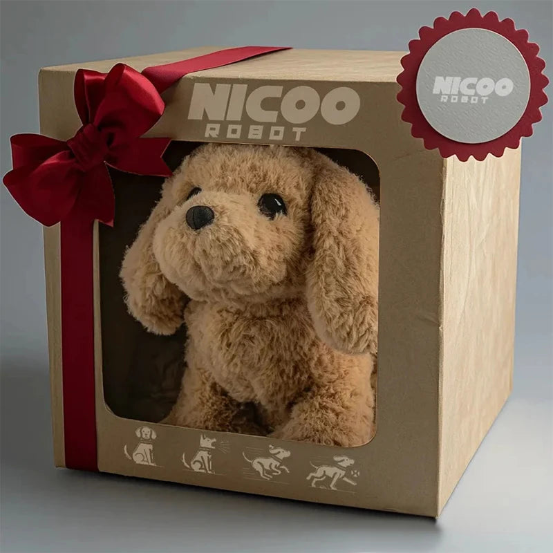 Interactive robotic puppy toy, white & brown, barking & walking features for kids playtime.