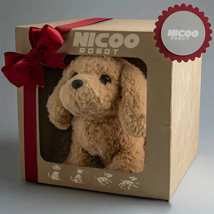 Interactive robotic puppy toy, white & brown, barking & walking features for kids playtime.