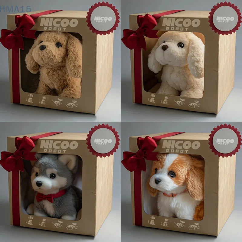 Robotic puppy toy close-up, AI pet with leash, realistic design for imaginative play.