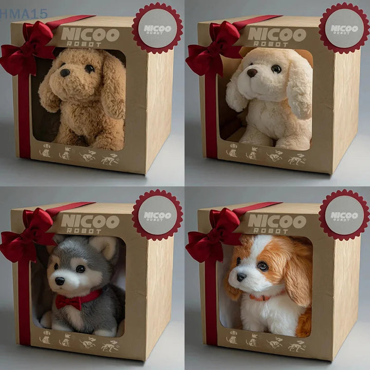 Robotic puppy toy close-up, AI pet with leash, realistic design for imaginative play.