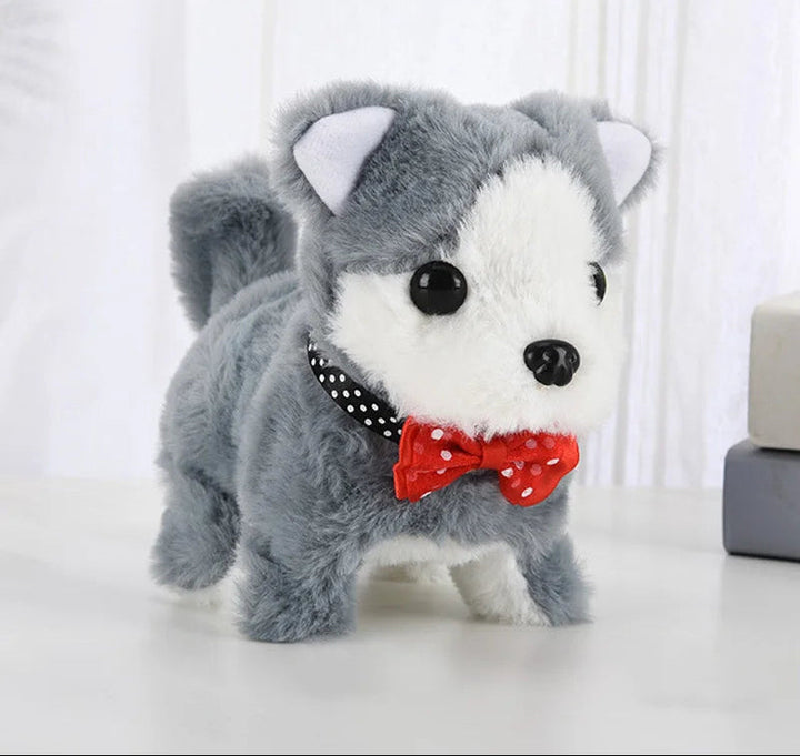 Durable robotic pet toy, puppy bark & walk, side view, perfect for young children.
