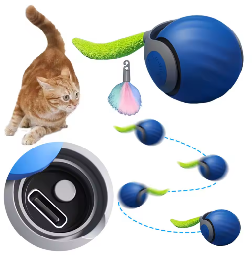 Interactive rolling cat ball toy with feather tail, moving automatically on a hard floor.