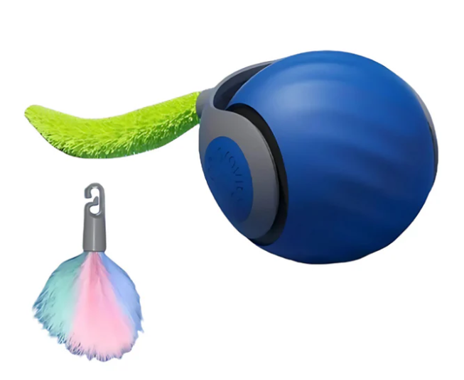 Automatic cat toy ball with a detachable feather, designed for engaging pet playtime.