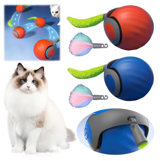 Interactive cat ball toy with a long feather tail, encouraging playful chase and exercise.
