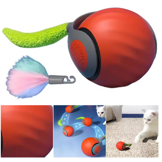 Cat play ball with a white feather attachment, an automatic and stimulating pet toy.