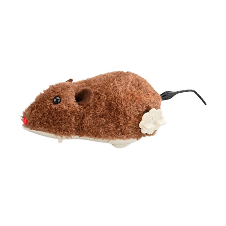 Interactive self-driving plush mouse cat toy for feline play and exercise. Features a grey mechanical mouse.