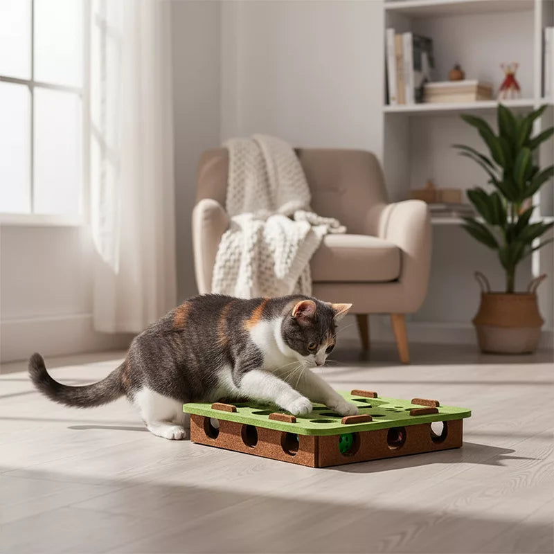 Cat playing with an interactive puzzle box, showcasing its use as a cat toy and nail file.
