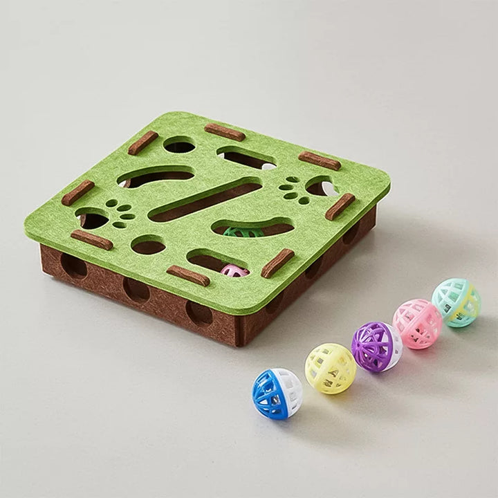Stress-relief cat scratch puzzle box in a home environment, an effective feline enrichment product.