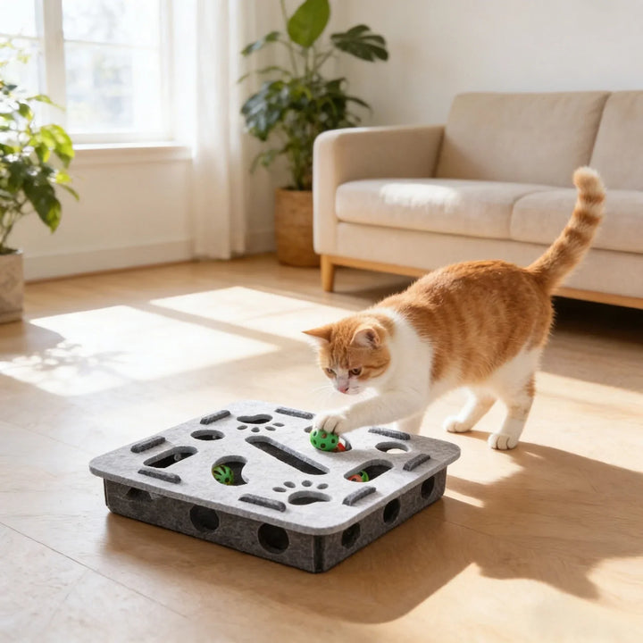 Top-down view of the multi-surface cat scratch puzzle box, promoting natural claw filing and enrichment.