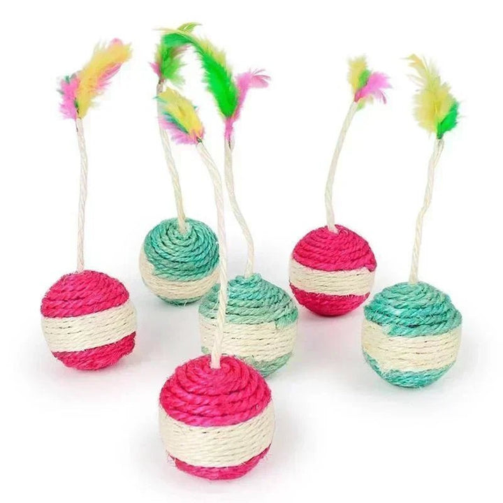 Sisal scratching ball cat toy on a white background, essential for feline playtime and health