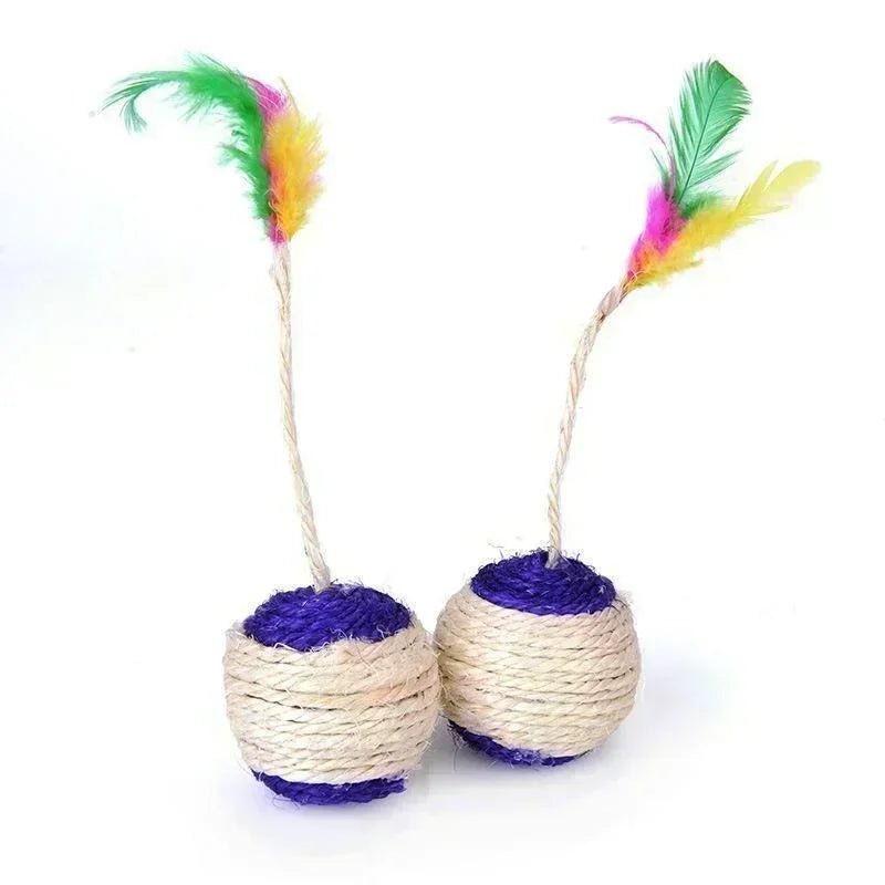 Two interactive sisal scratching ball cat toys, promoting pet care and durable scratching