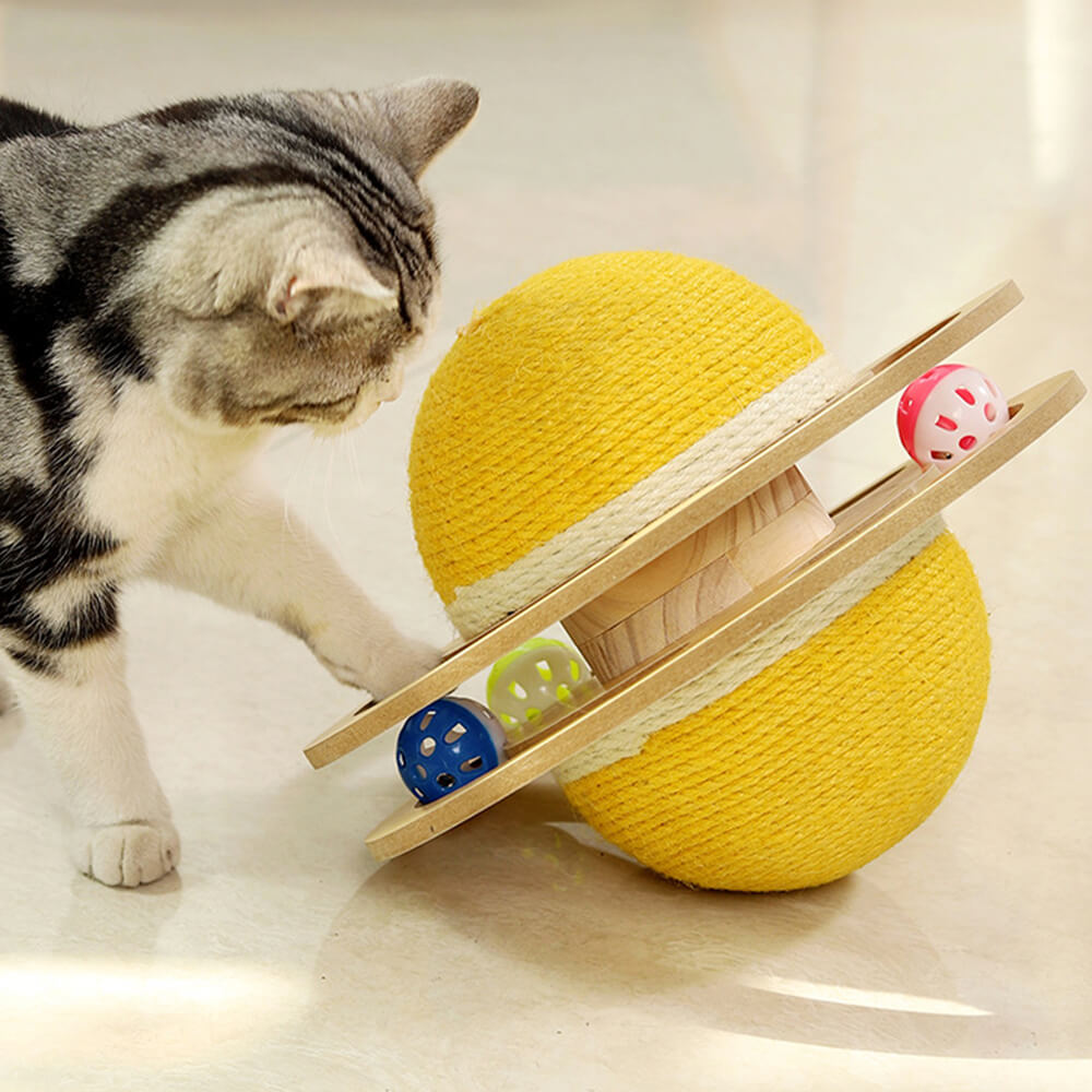 Interactive sisal scratching ball cat toy with wooden frame for feline exercise & furniture protection