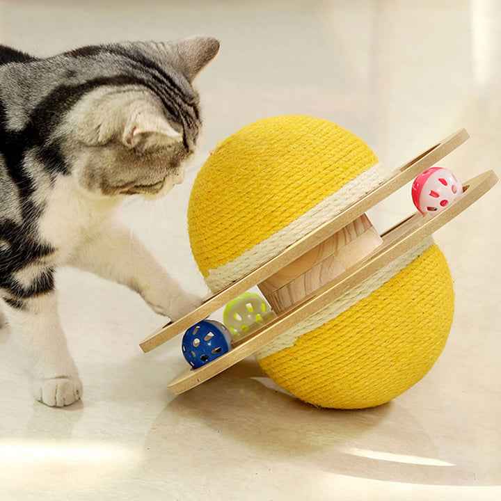 Interactive sisal scratching ball cat toy with wooden frame for feline exercise & furniture protection